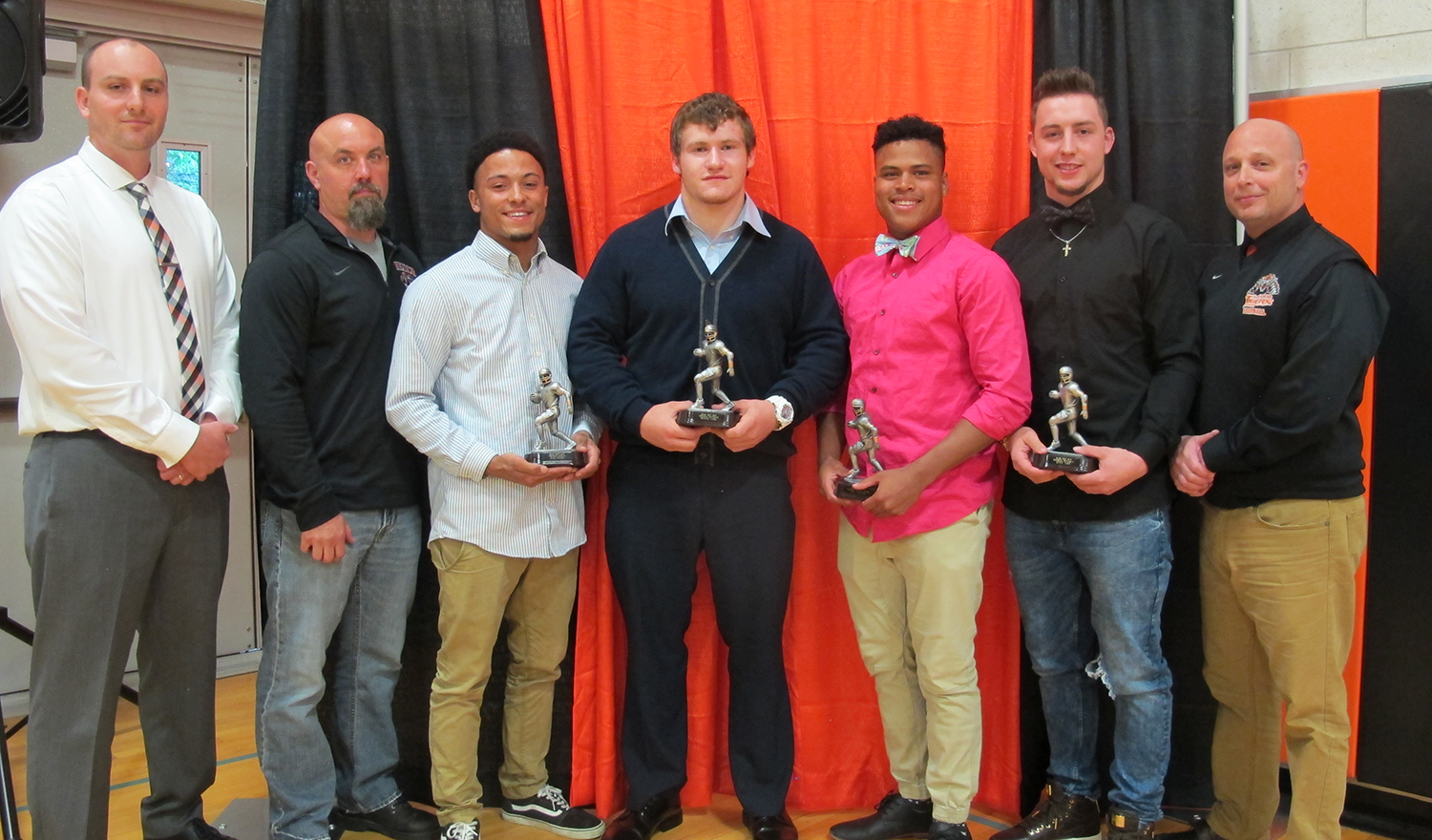 Football: Left to right: Assistant Coaches Jon Gagnon and Kelly Woolson; MVPs Kyle Pettit, Michael Ladd, Jace Eastman, and Football: Left to right: Assistant Coaches Jon Gagnon and Kelly Woolson; MVPs Kyle Pettit, Michael Ladd, Jace Eastman, and